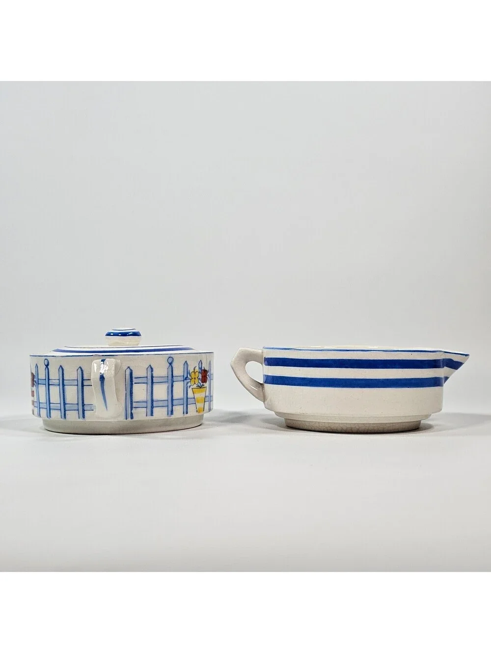 Vintage Sunnyside Japan Sugar Creamer Set Picket Fence Floral Blue White Ceramic